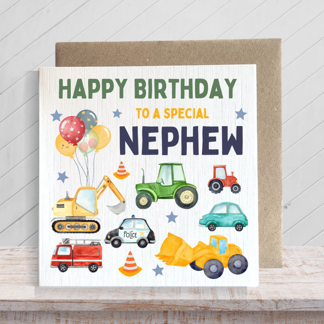 Second Ave Digger Nephew Children's Kids Baby Tractor Car Square Card For Boy Birthday