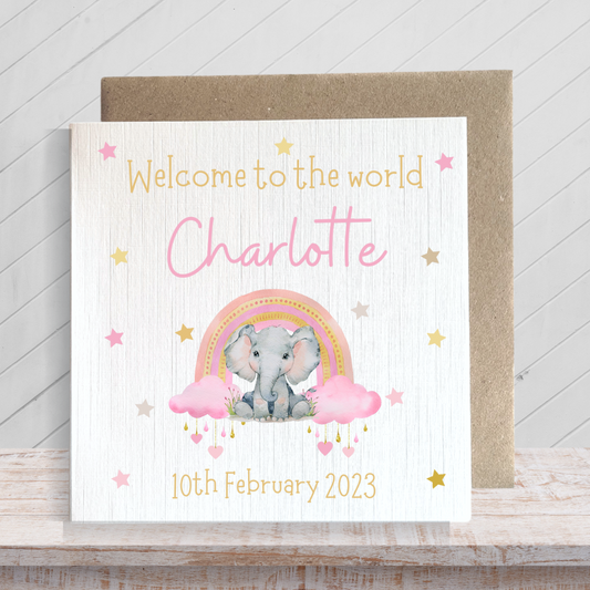 Second Ave Personalised Baby Girl Newborn Congratulations Rainbow Elephant Square Card