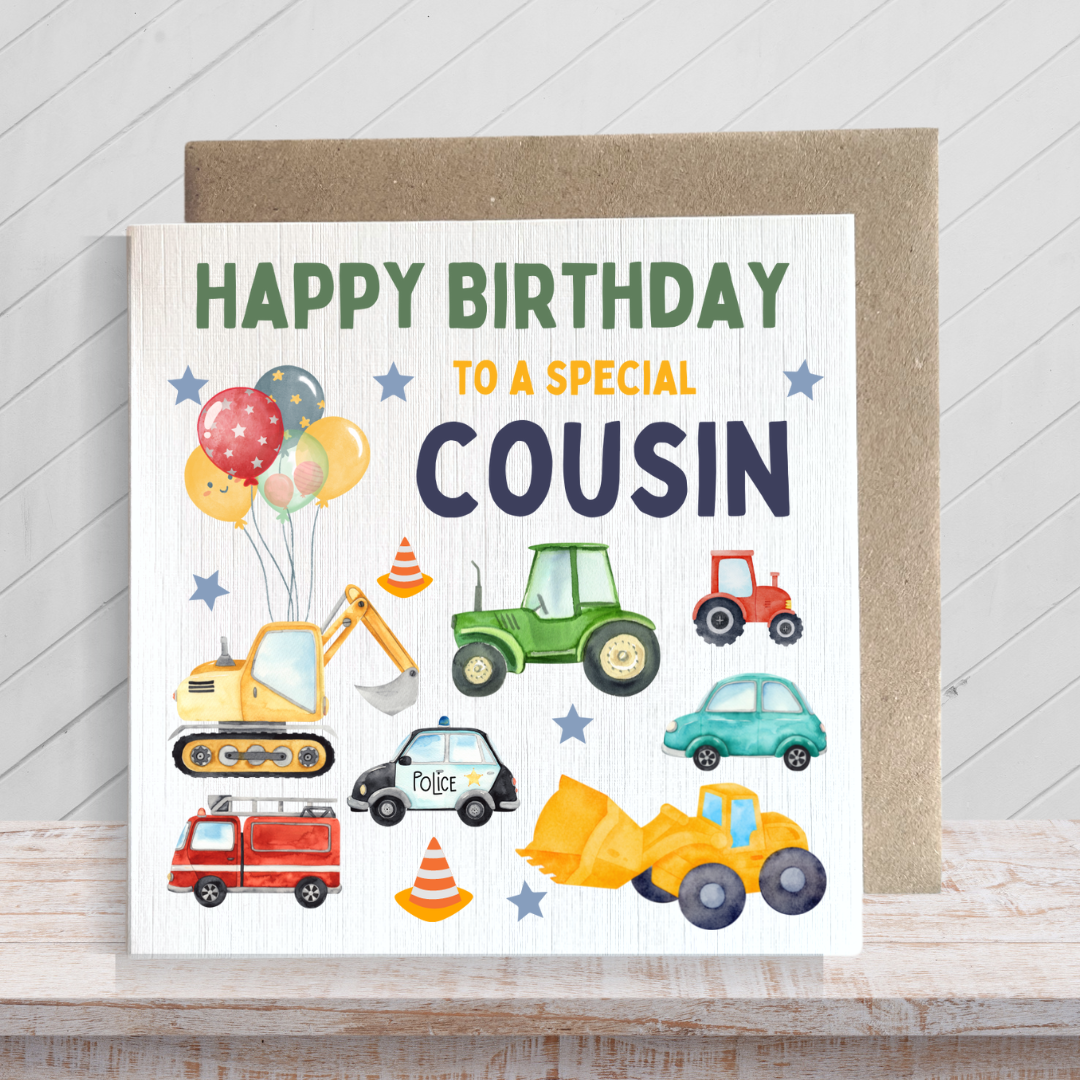 Second Ave Digger Cousin Children's Kids Baby Tractor Car Square Card For Boy Birthday