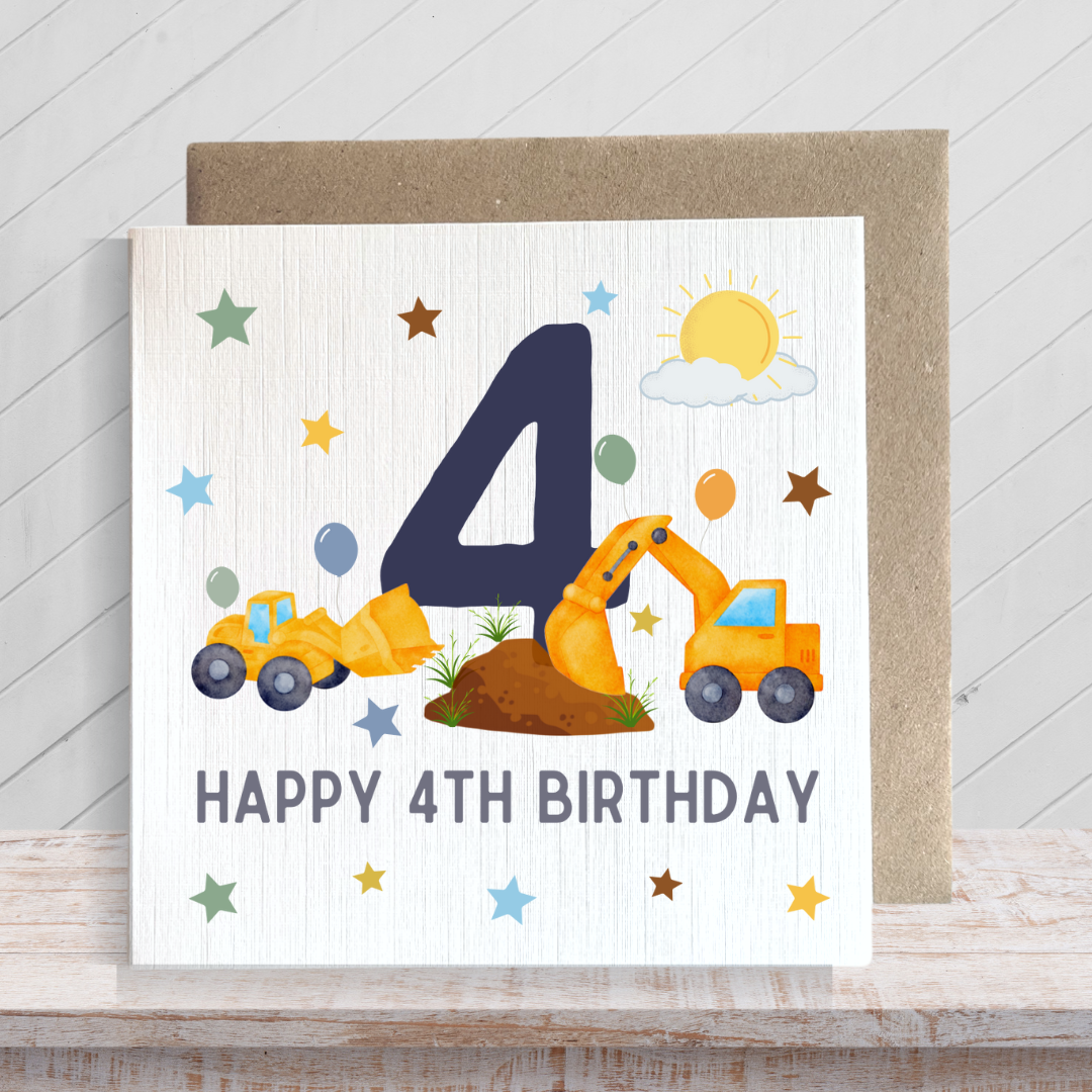 Second Ave 4th Birthday Age 4 Children's Kids Baby Digger Square Card For Boy or Girl Birthday