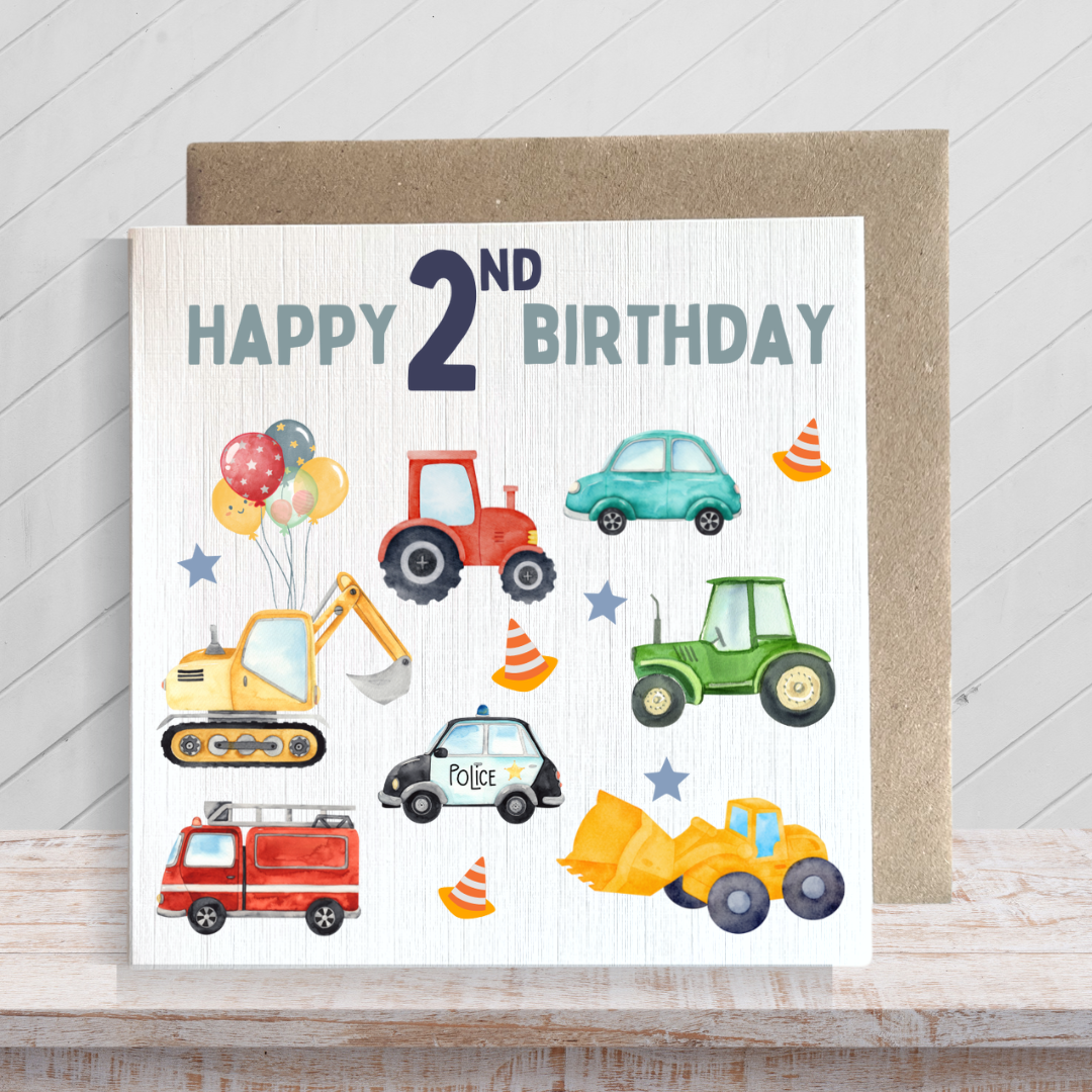 Second Ave 2nd Birthday Age 2 Children's Kids Baby Tractor Car Square Card For Boy or Girl Birthday