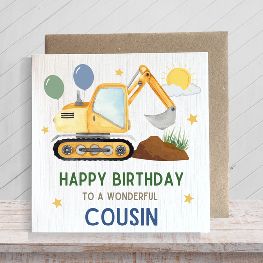 Second Ave Cousin Birthday Children's Kids Baby Digger Square Card For Boy Birthday