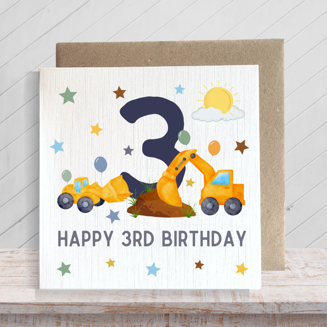 Second Ave 3rd Birthday Age 3 Children's Kids Baby Digger Square Card For Boy or Girl Birthday