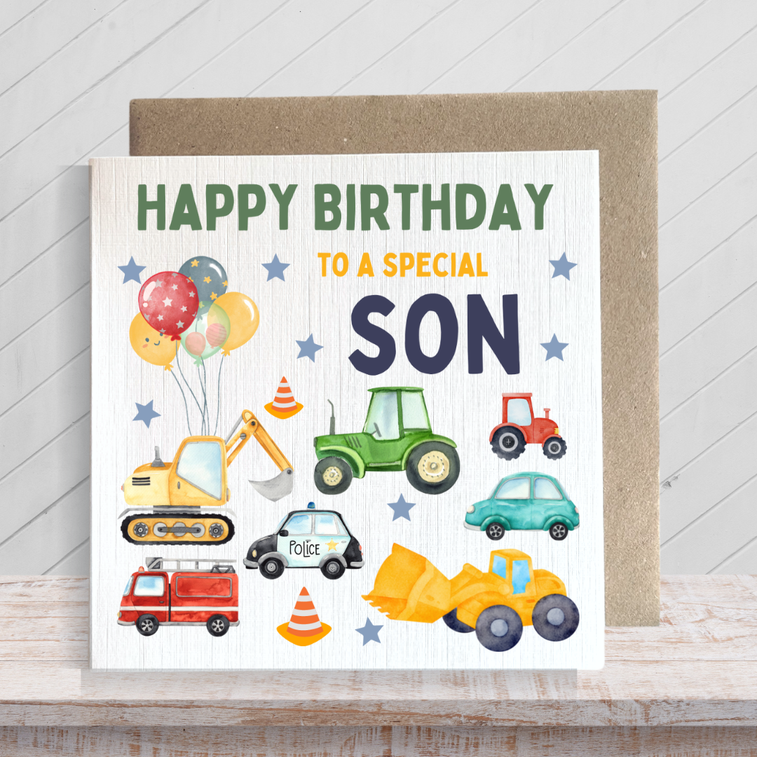 Second Ave Digger Son Children's Kids Baby Tractor Car Square Card For Boy Birthday