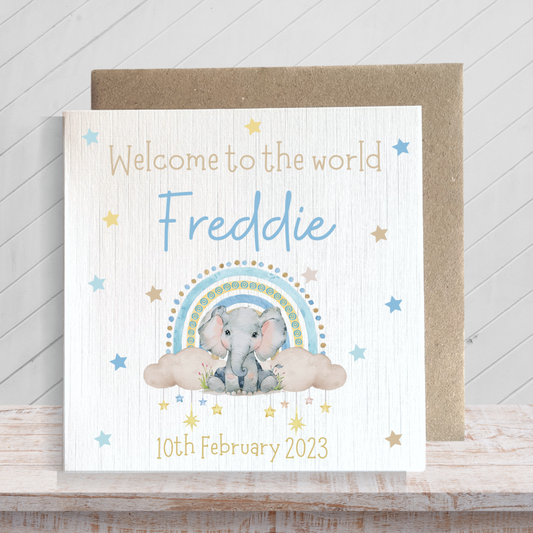 Second Ave Personalised Baby Boy Newborn Congratulations Rainbow Elephant Square Card