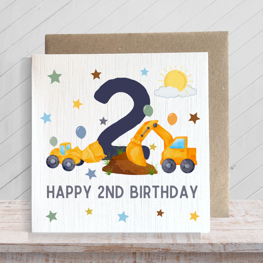 Second Ave 2nd Birthday Age 2 Children's Kids Baby Digger Square Card For Boy or Girl Birthday