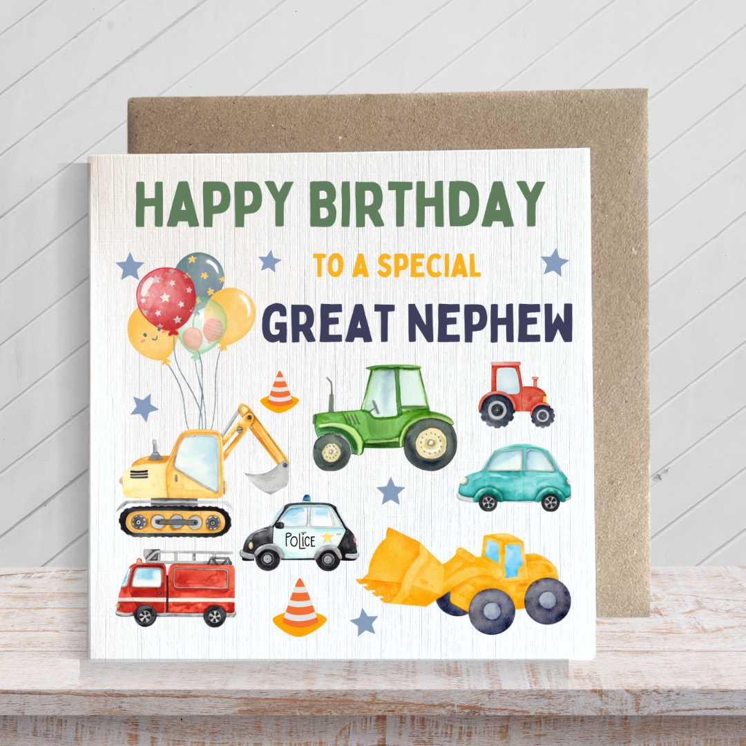 Second Ave Digger Great Nephew Children's Kids Baby Tractor Car Square Card For Boy Birthday