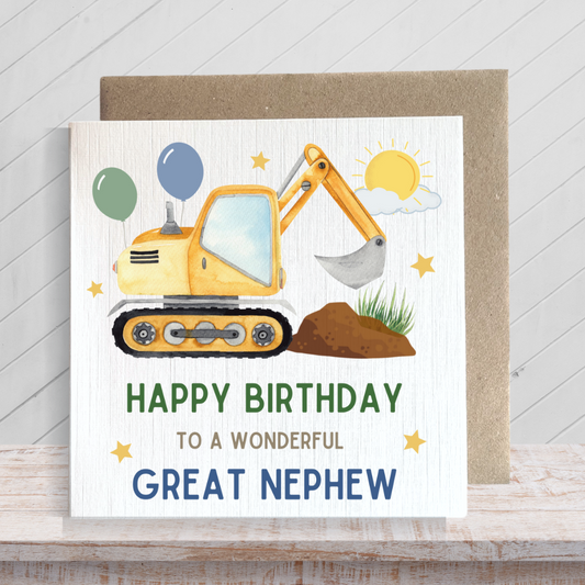 Second Ave Great Nephew Birthday Children's Kids Baby Digger Square Card For Boy Birthday