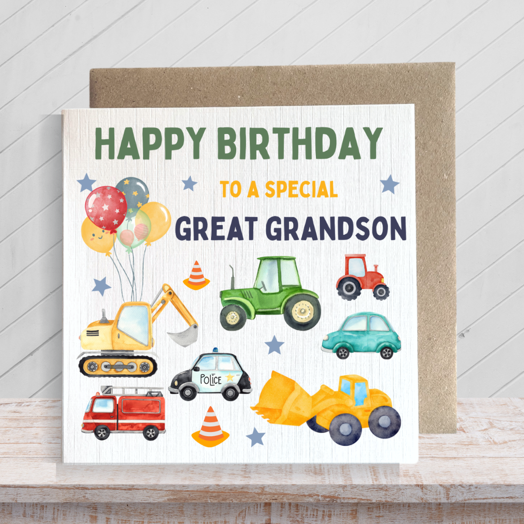 Second Ave Digger Great Grandson Children's Kids Baby Tractor Car Square Card For Boy Birthday