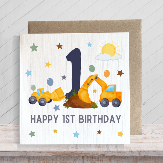 Second Ave 1st Birthday Age 1 Children's Kids Baby Digger Square Card For Boy or Girl Birthday