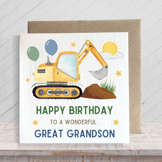 Second Ave Great Grandson Birthday Children's Kids Baby Digger Square Card For Boy Birthday