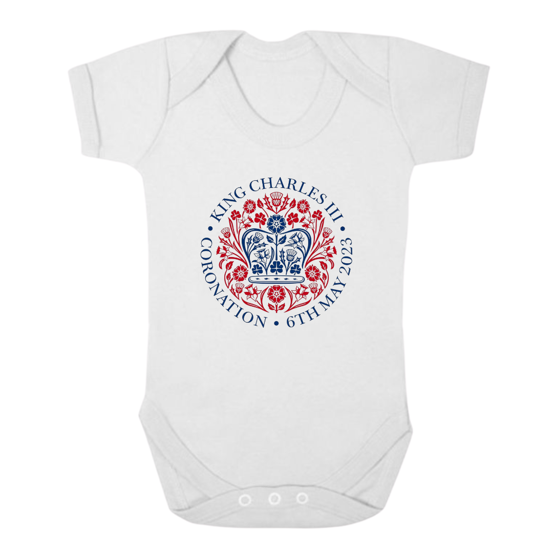 Second Ave King Charles III Royal Coronation Emblem Logo Celebration Baby Grow White Shortsleeve Babygrow