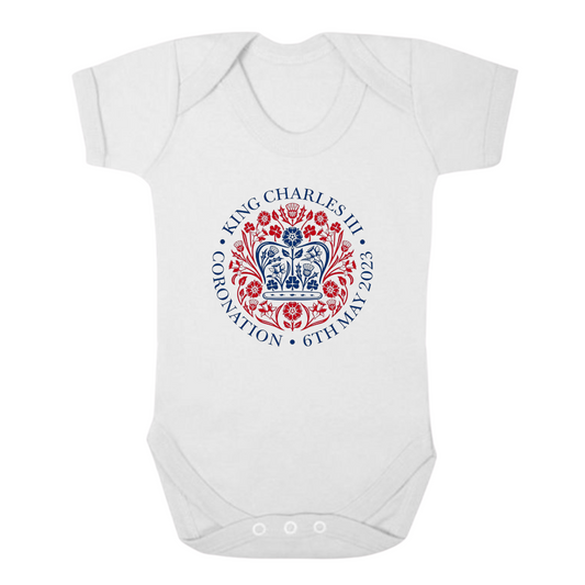 Second Ave King Charles III Royal Coronation Emblem Logo Celebration Baby Grow White Shortsleeve Babygrow