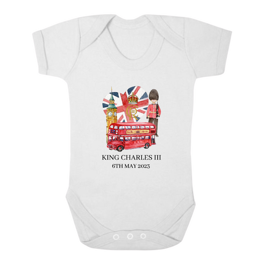 Second Ave King Charles III Royal Coronation Great Britain London Celebration Baby Grow White Shortsleeve Babygrow