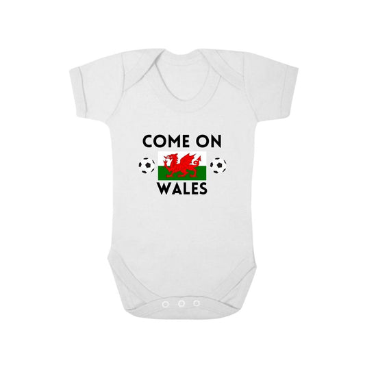 Second Ave Come on Wales Football Euros World Cup Baby Grow Vest White Shortsleeve Babygrow Bodysuit